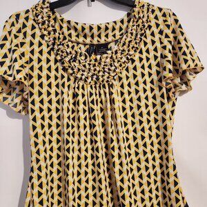 New Directions Petite Vintage Top PL Blue Yellow White Short Sleeve Blouse